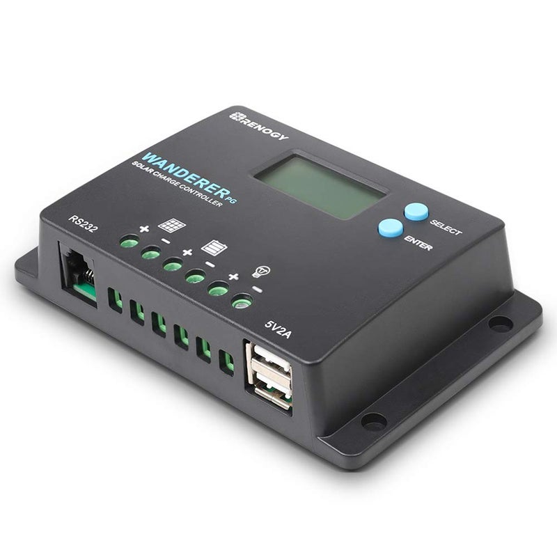 Renogy منظم شحن شمسي رينوجي 10A 12V/24V PWM بتصميم مدمج مع شاشة LCD لبطاريات الدورة العميقة المغلقة، الجل، والمغمورة، وندرر PG 10A، أسود - Image 1